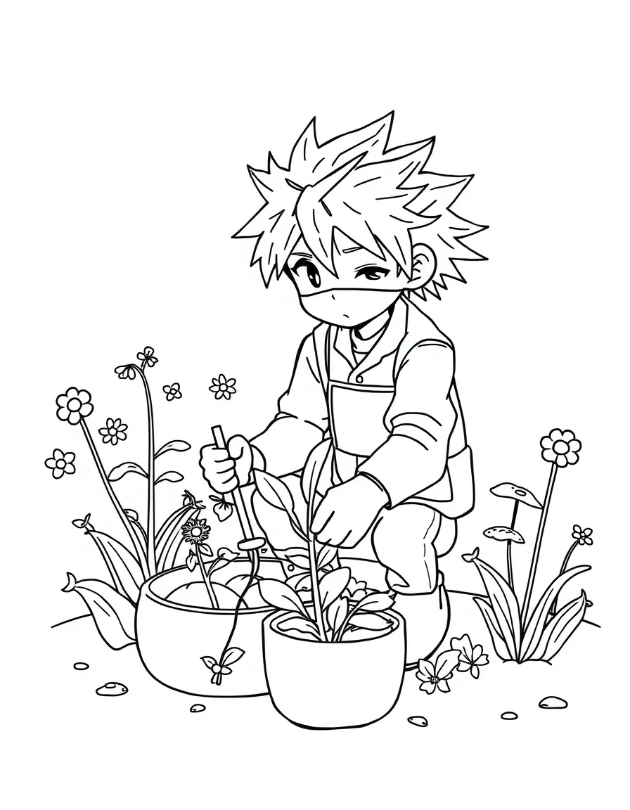 Kakashi gardening, with fun background elements.