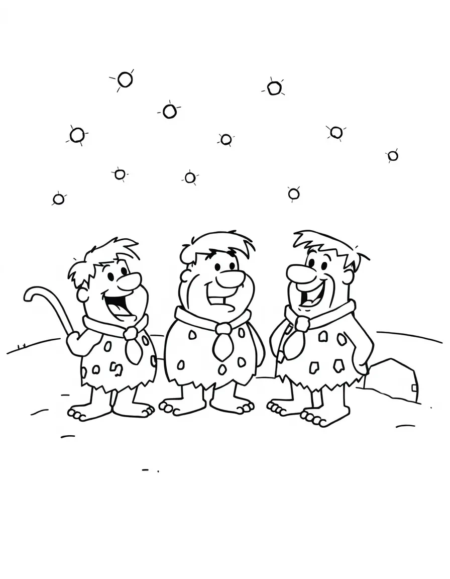 The Flintstones playing in the snow, with big bold outlines for easy coloring.