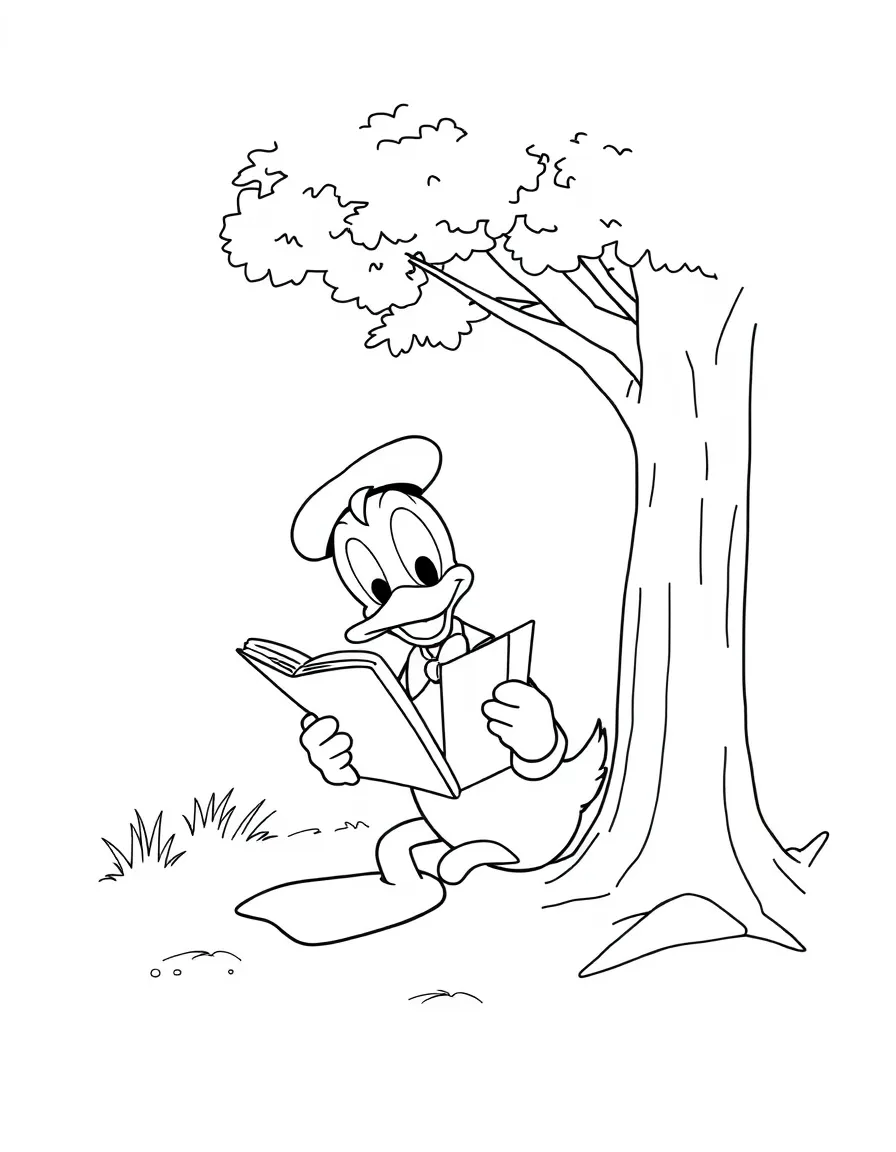 Donald Duck reading a book under a tree, inside a comic book frame.