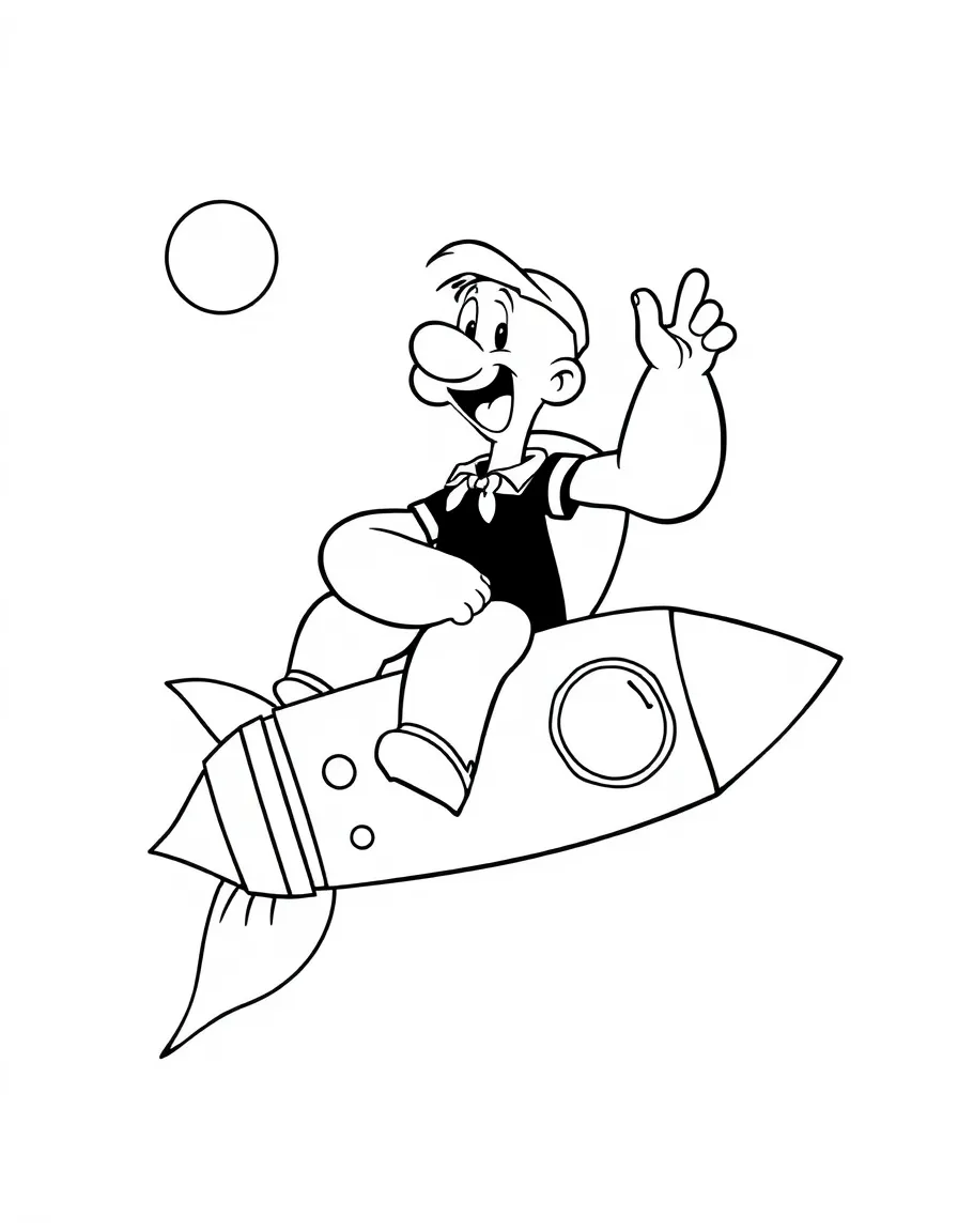 Popeye exploring space in a rocket, with big bold outlines for easy coloring.