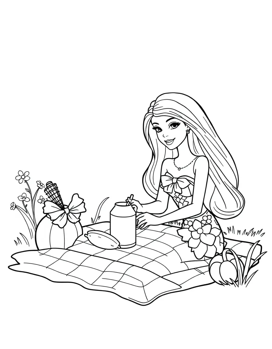 Barbie having a picnic, with big bold outlines for easy coloring.