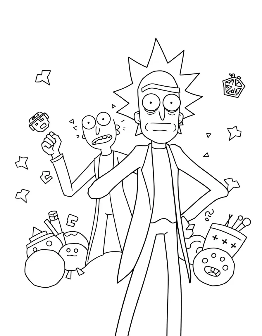 Rick and Morty posing heroically, with fun background elements.