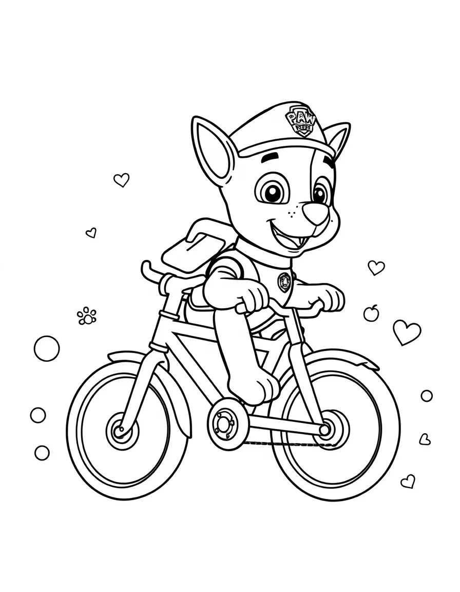 Paw Patrol riding a bicycle, with playful patterns around.