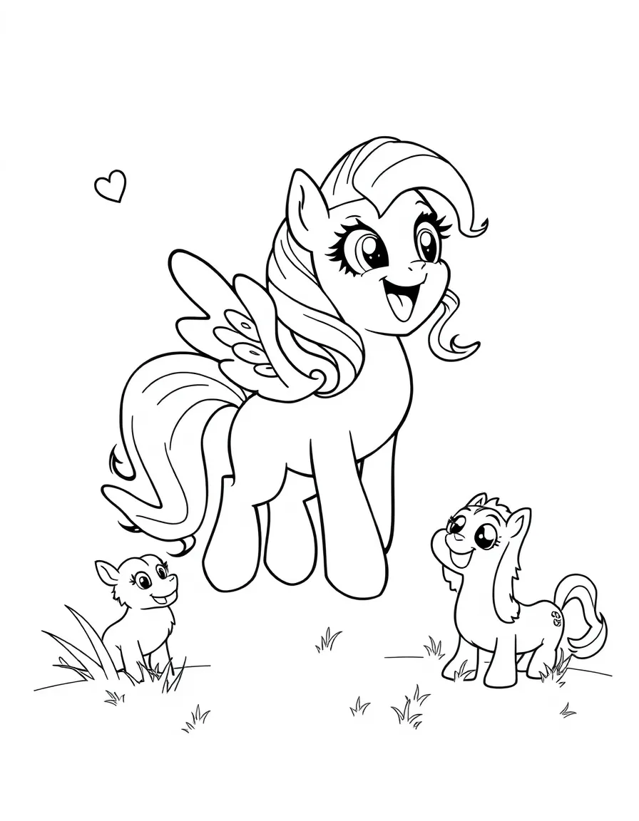 My Little Pony jumping with joy, surrounded by friendly animals.