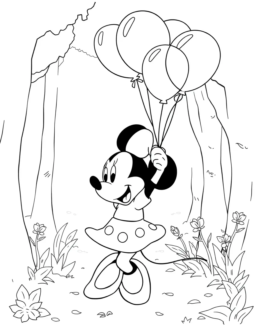 Minnie Mouse playing with balloons, in a magical forest setting.