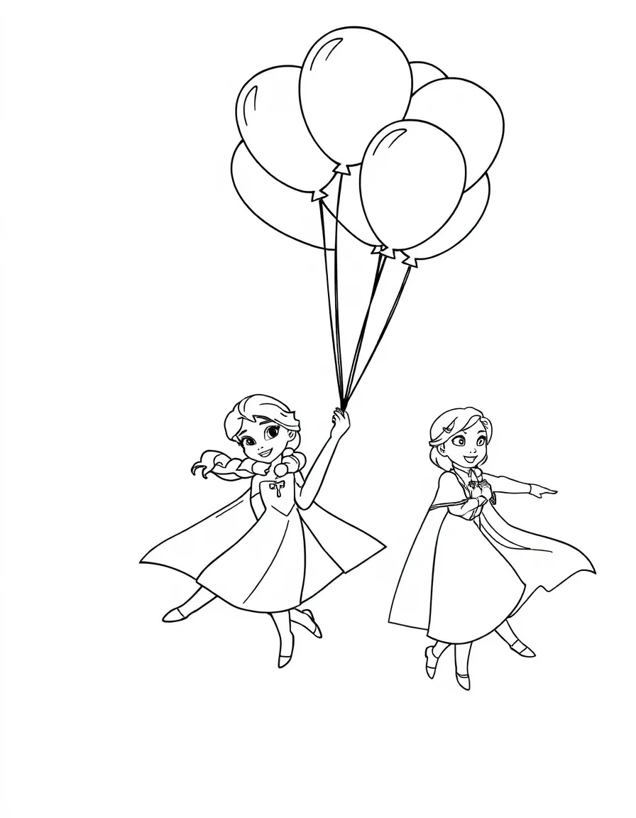 Frozen Characters flying with balloons, with big bold outlines for easy coloring.