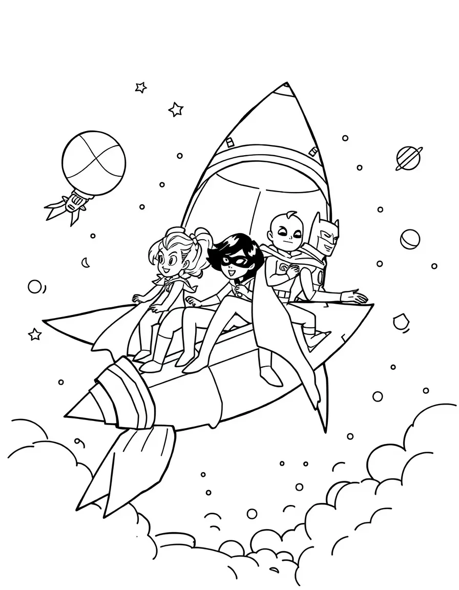 Justice League exploring space in a rocket, with fun background elements.