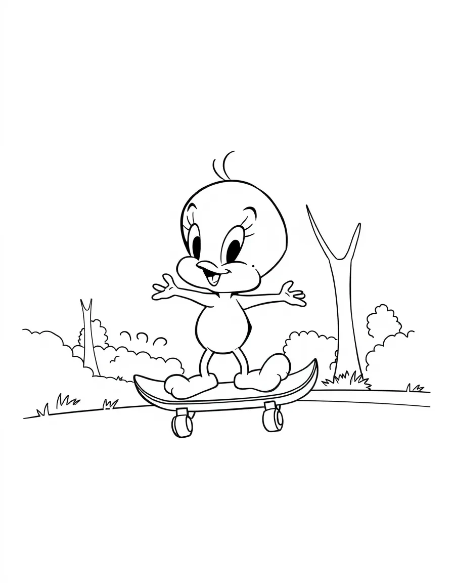 Tweety Bird skateboarding in the park, inside a comic book frame.
