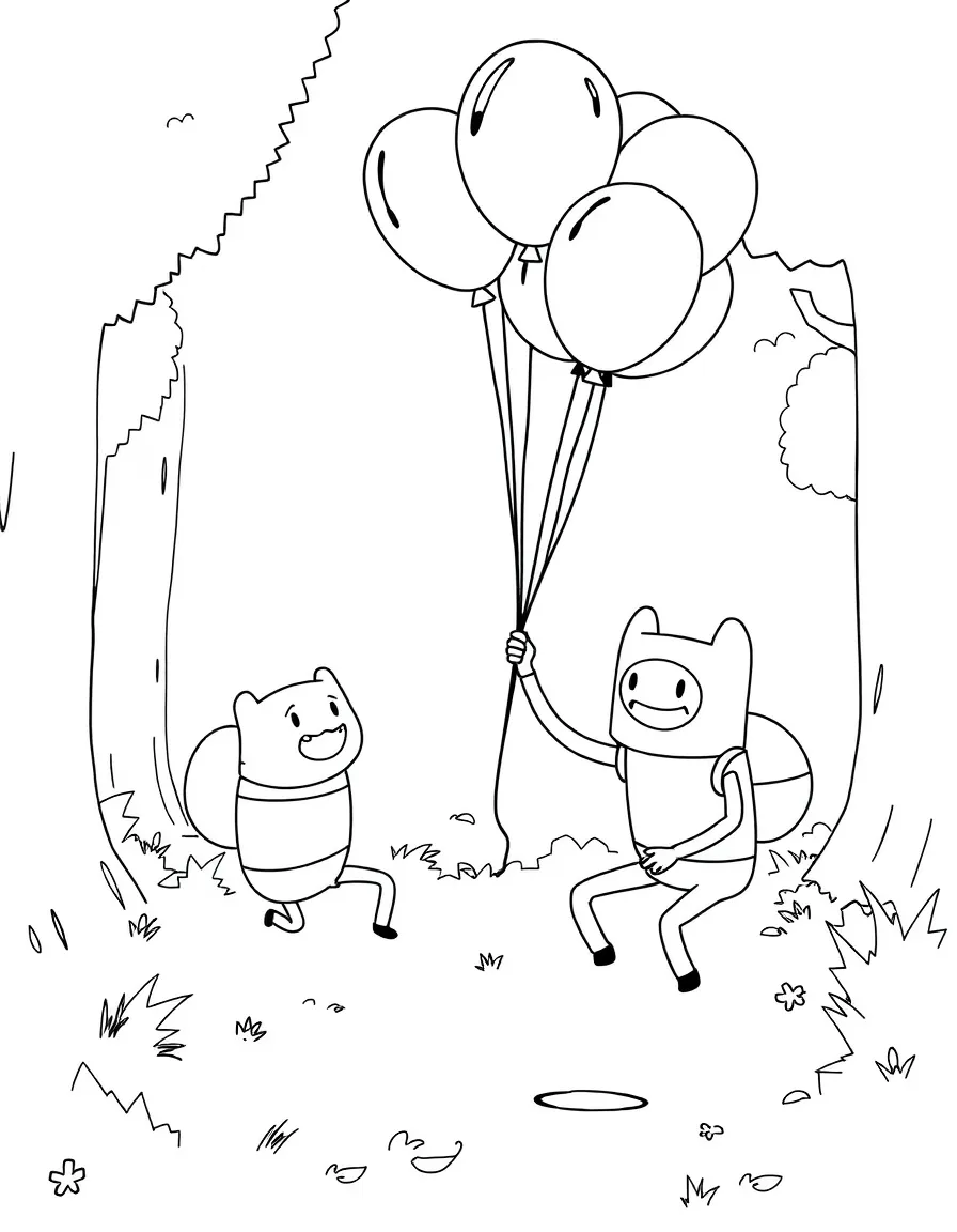 Adventure Time playing with balloons, in a magical forest setting.