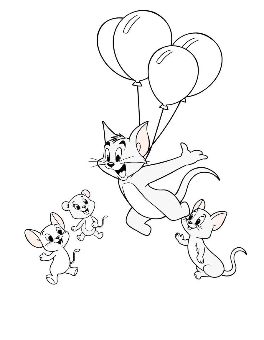 Tom and Jerry flying with balloons, surrounded by friendly animals.
