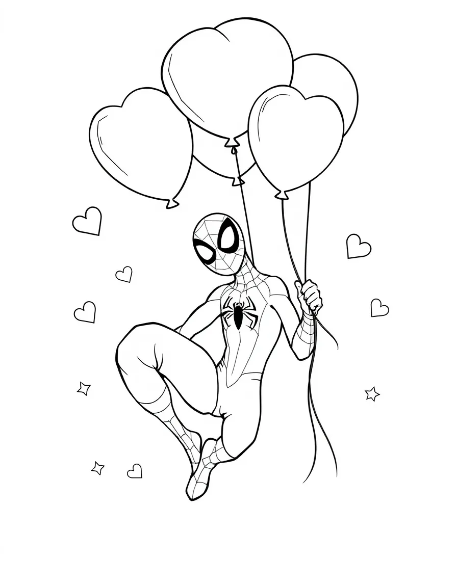 Spider-Man playing with balloons, with hearts and sparkles around.
