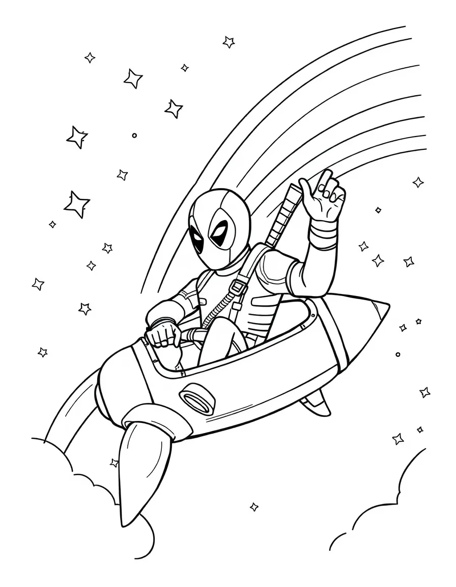 Deadpool exploring space in a rocket, with stars and rainbows in the background.