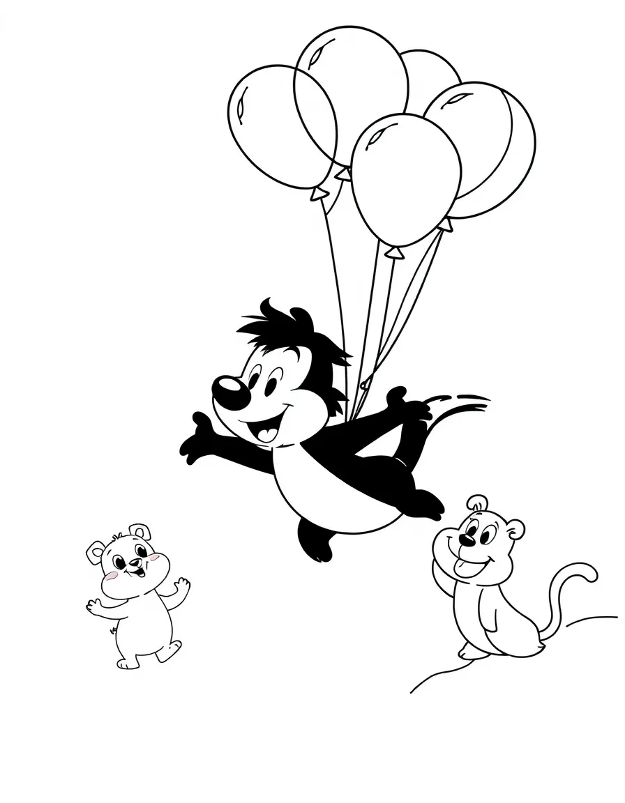 Sylvester flying with balloons, surrounded by friendly animals.
