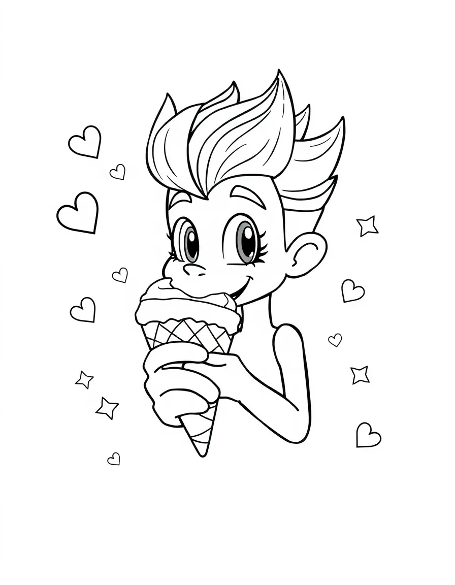 Zoro enjoying an ice cream cone, with hearts and sparkles around.
