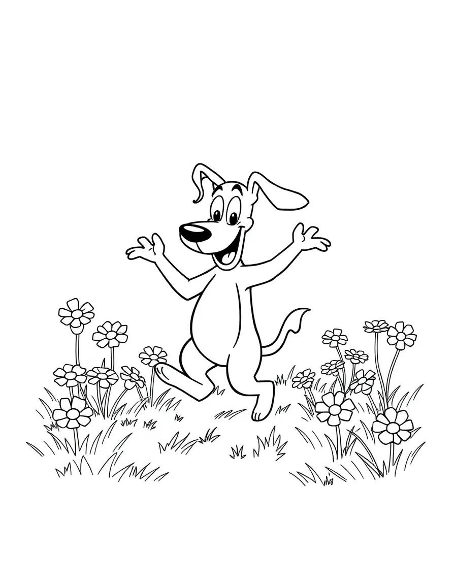 Courage the Cowardly Dog dancing in a field of flowers, inside a comic book frame.