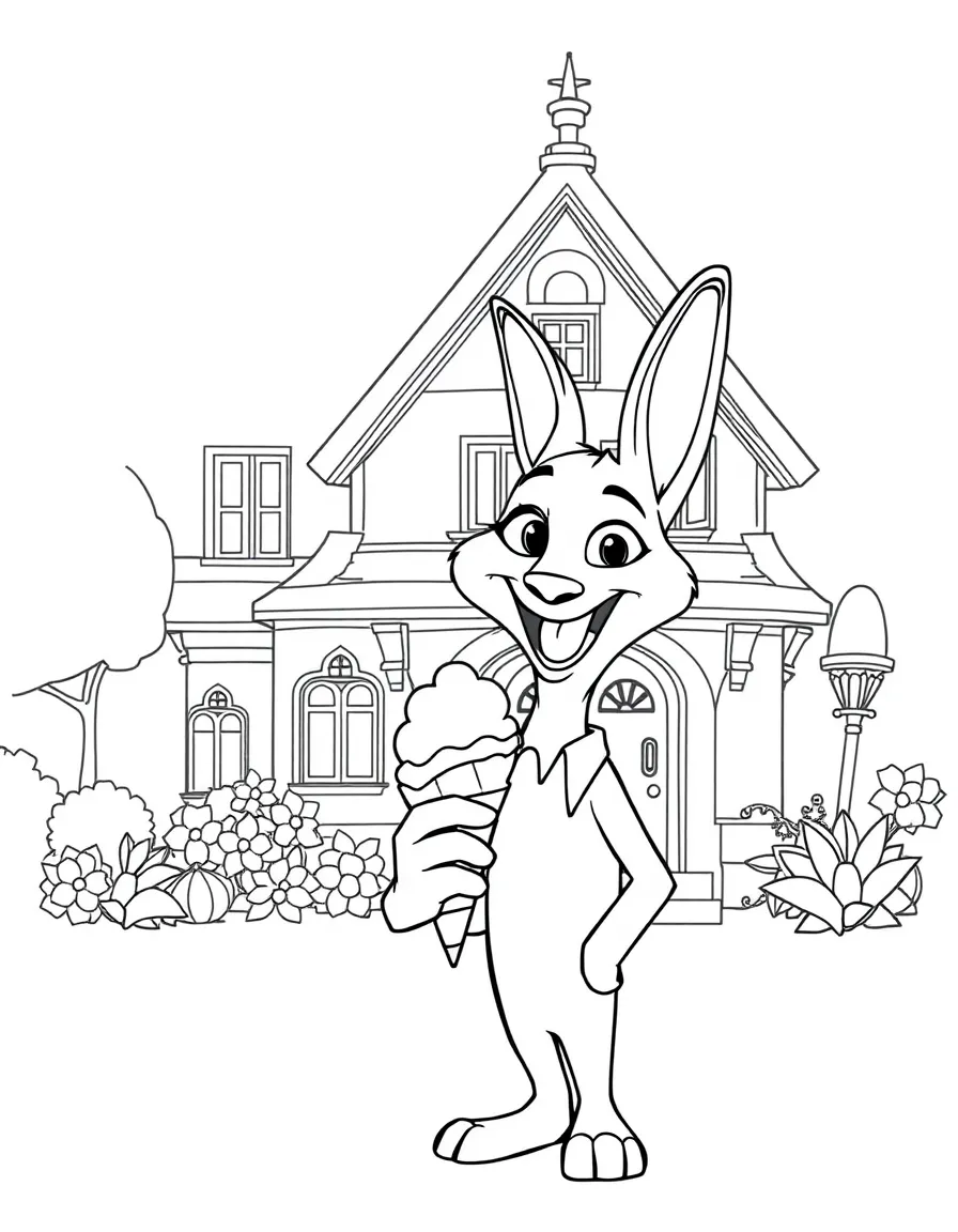 Zootopia enjoying an ice cream cone, in front of their famous house or scene.