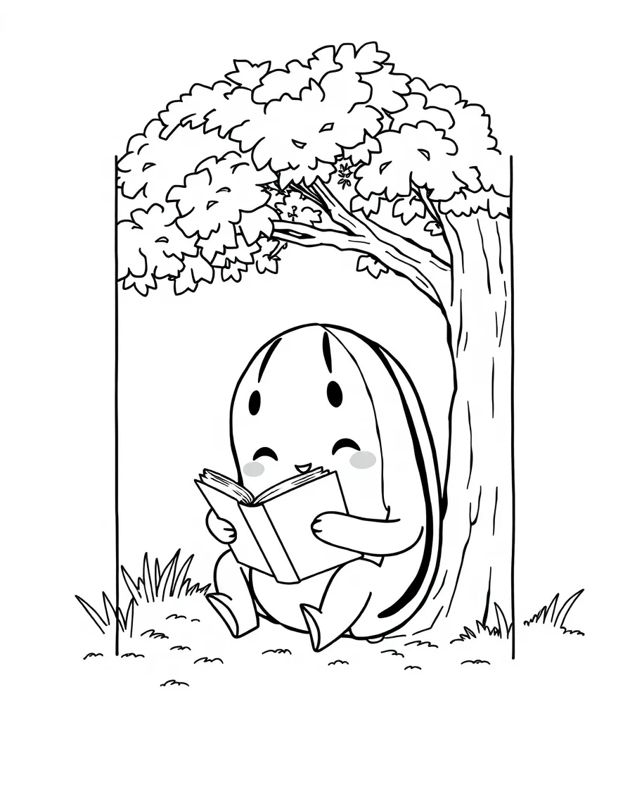 Cocomelon reading a book under a tree, inside a comic book frame.