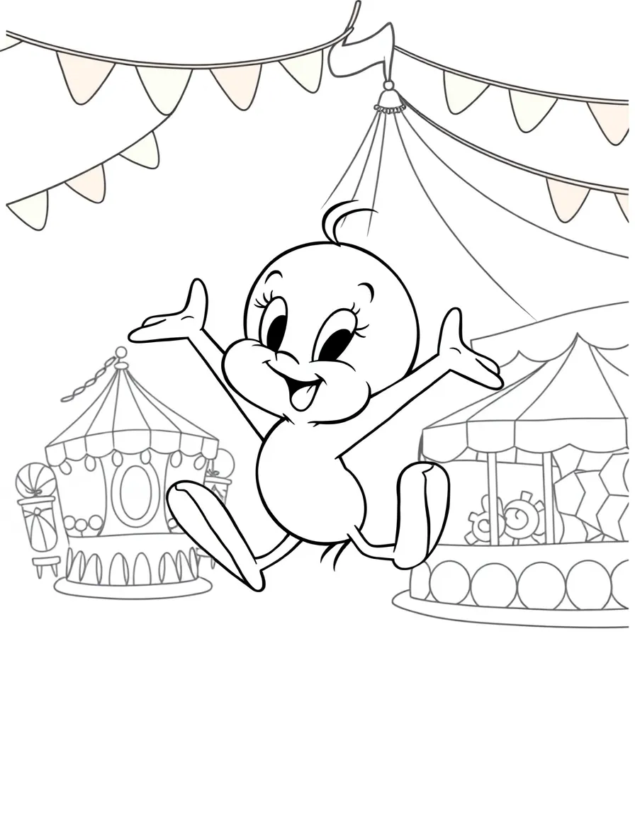 Tweety Bird jumping with joy, at a carnival with colorful decorations.