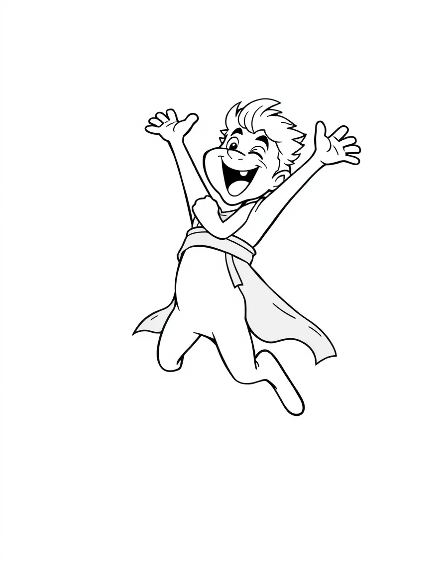 Zoro jumping with joy, with big bold outlines for easy coloring.