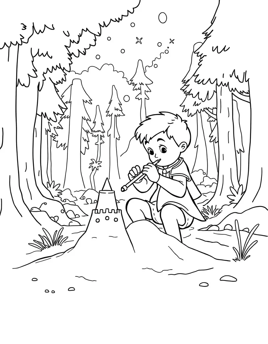 Piccolo building a sandcastle, in a magical forest setting.