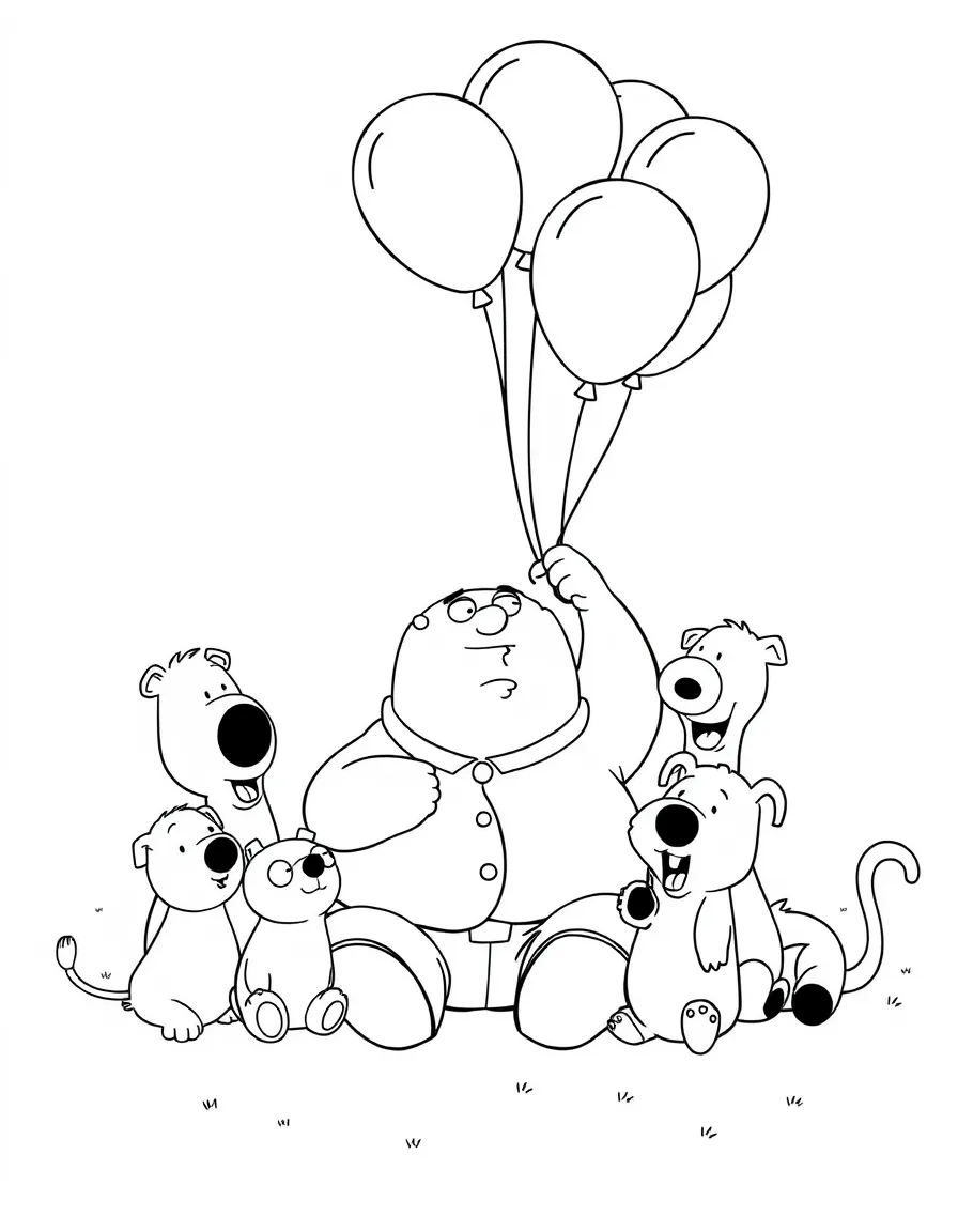 Family Guy playing with balloons, surrounded by friendly animals.
