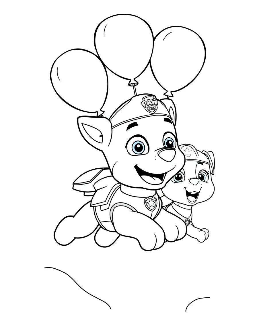 Paw Patrol flying with balloons, with big bold outlines for easy coloring.