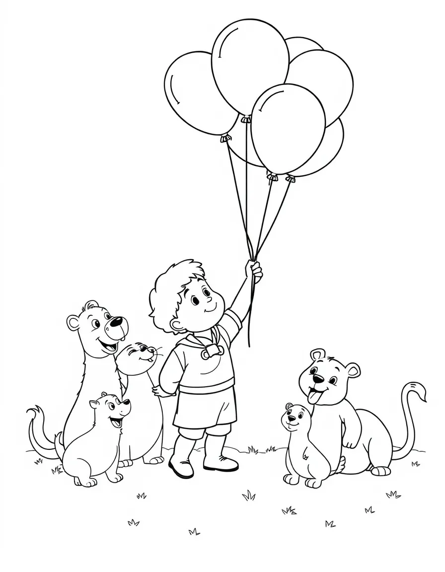 Arthur playing with balloons, surrounded by friendly animals.