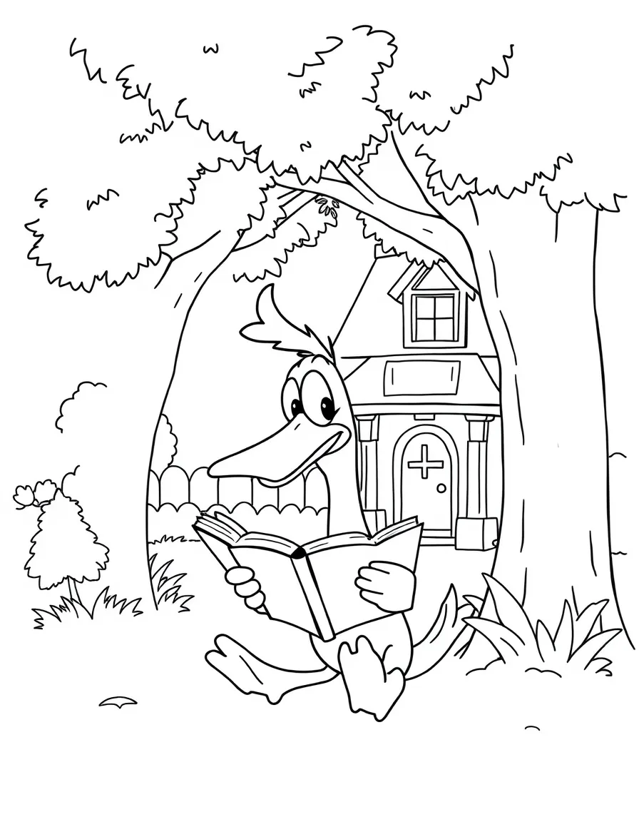 Perry the Platypus reading a book under a tree, in front of their famous house or scene.