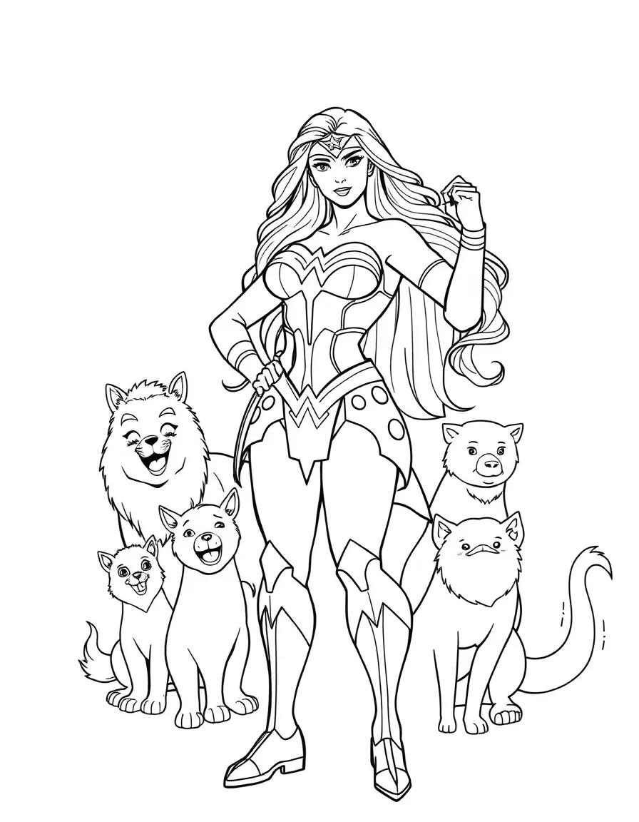 Wonder Woman posing heroically, surrounded by friendly animals.