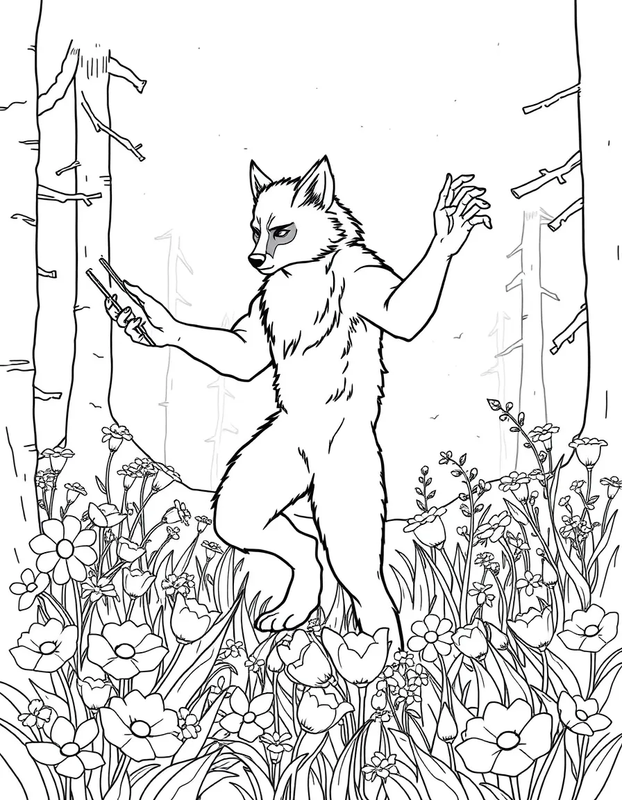 Wolverine dancing in a field of flowers, in a magical forest setting.