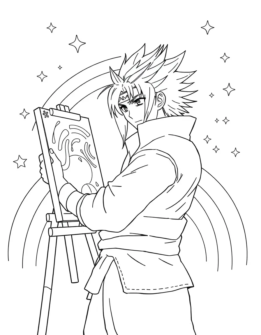 Sasuke painting a picture, with stars and rainbows in the background.