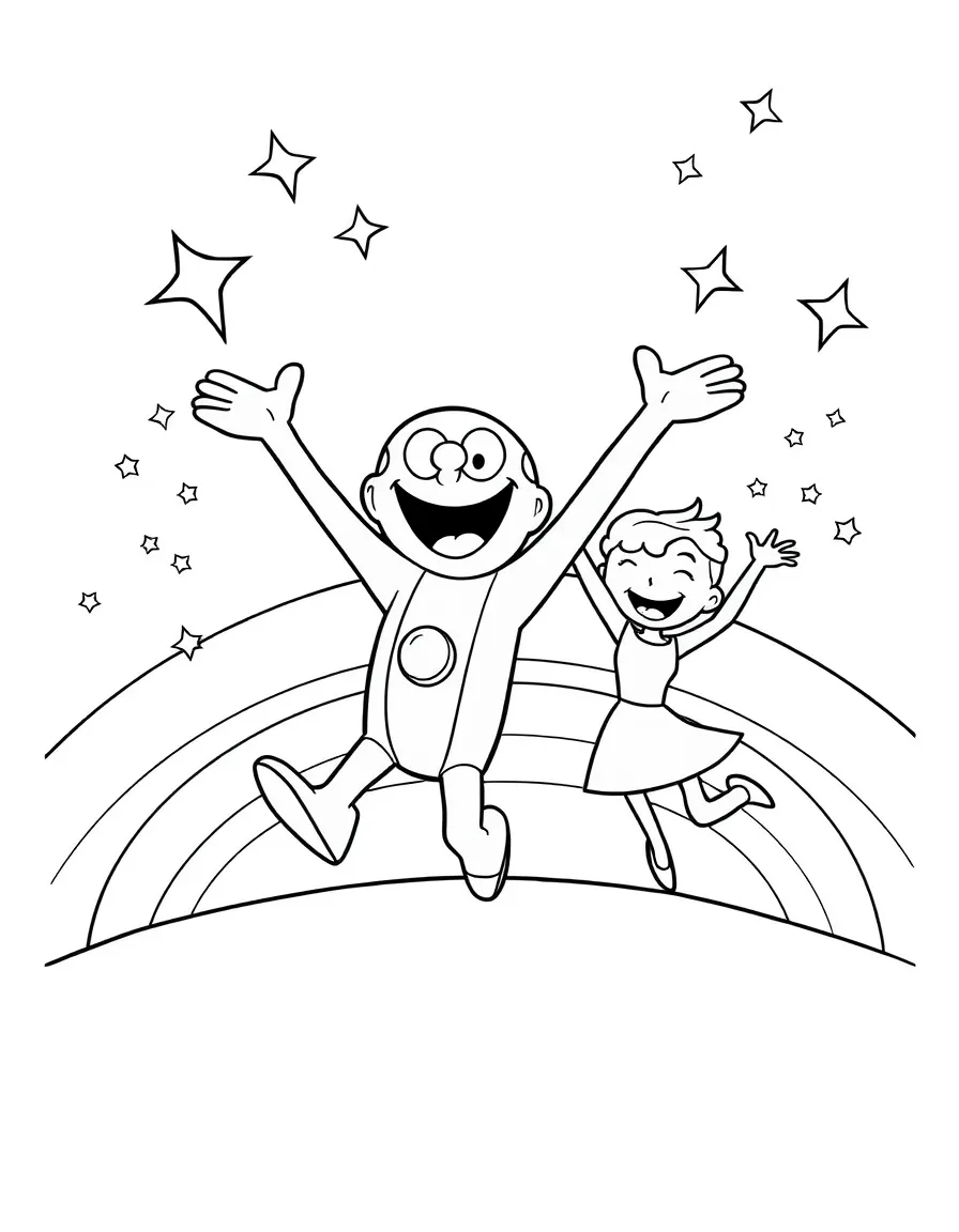 The Jetsons jumping with joy, with stars and rainbows in the background.
