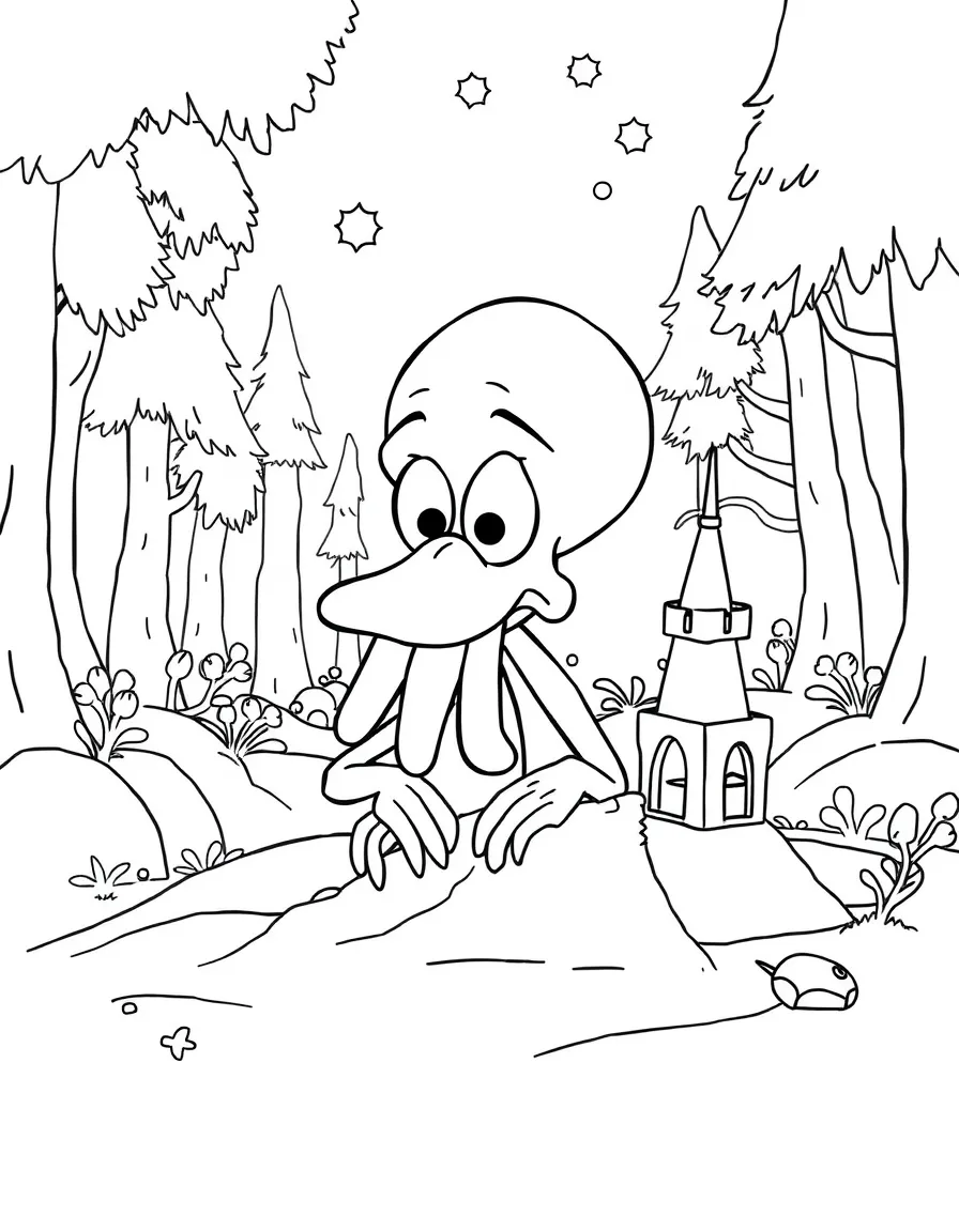 Squidward Tentacles building a sandcastle, in a magical forest setting.