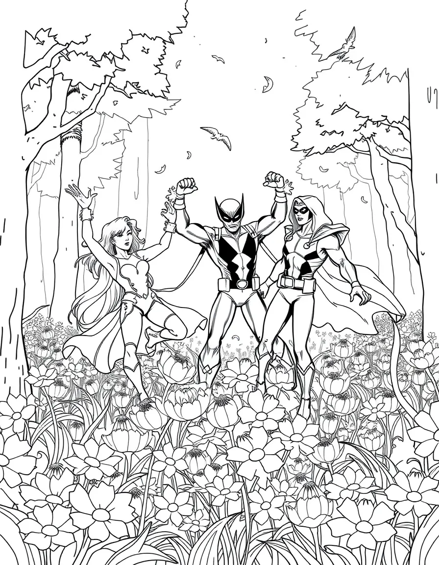 X-Men dancing in a field of flowers, in a magical forest setting.