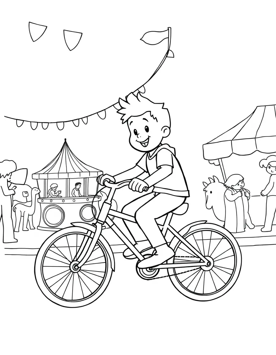 Arthur riding a bicycle, at a carnival with colorful decorations.