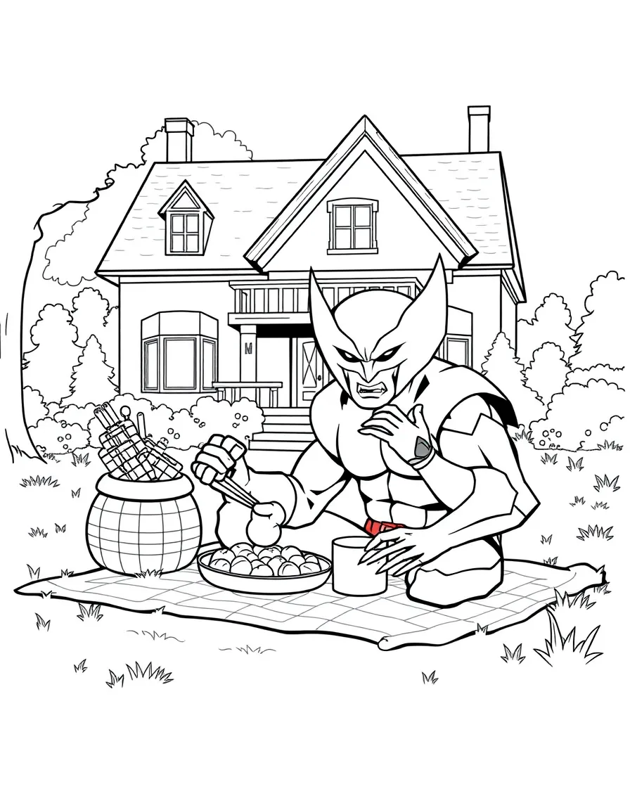 Wolverine having a picnic, in front of their famous house or scene.