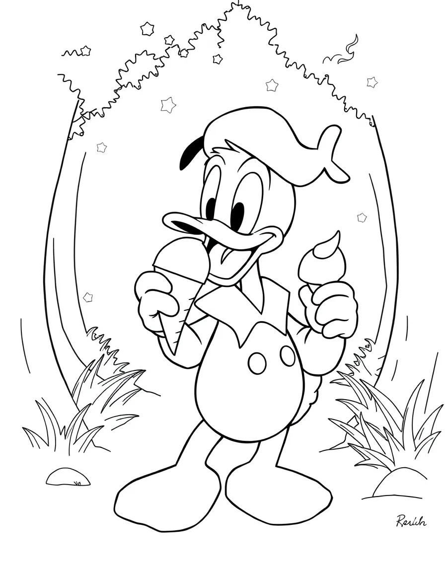 Donald Duck enjoying an ice cream cone, in a magical forest setting.