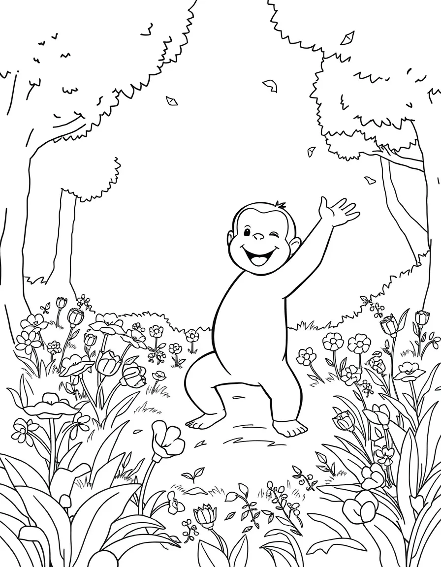 Curious George dancing in a field of flowers, in a magical forest setting.