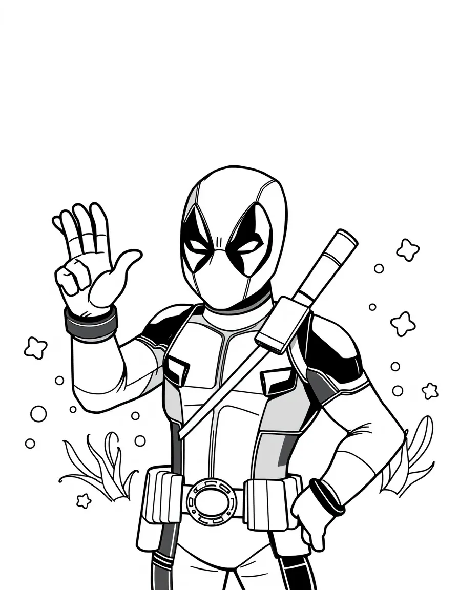 Deadpool waving hello, with fun background elements.