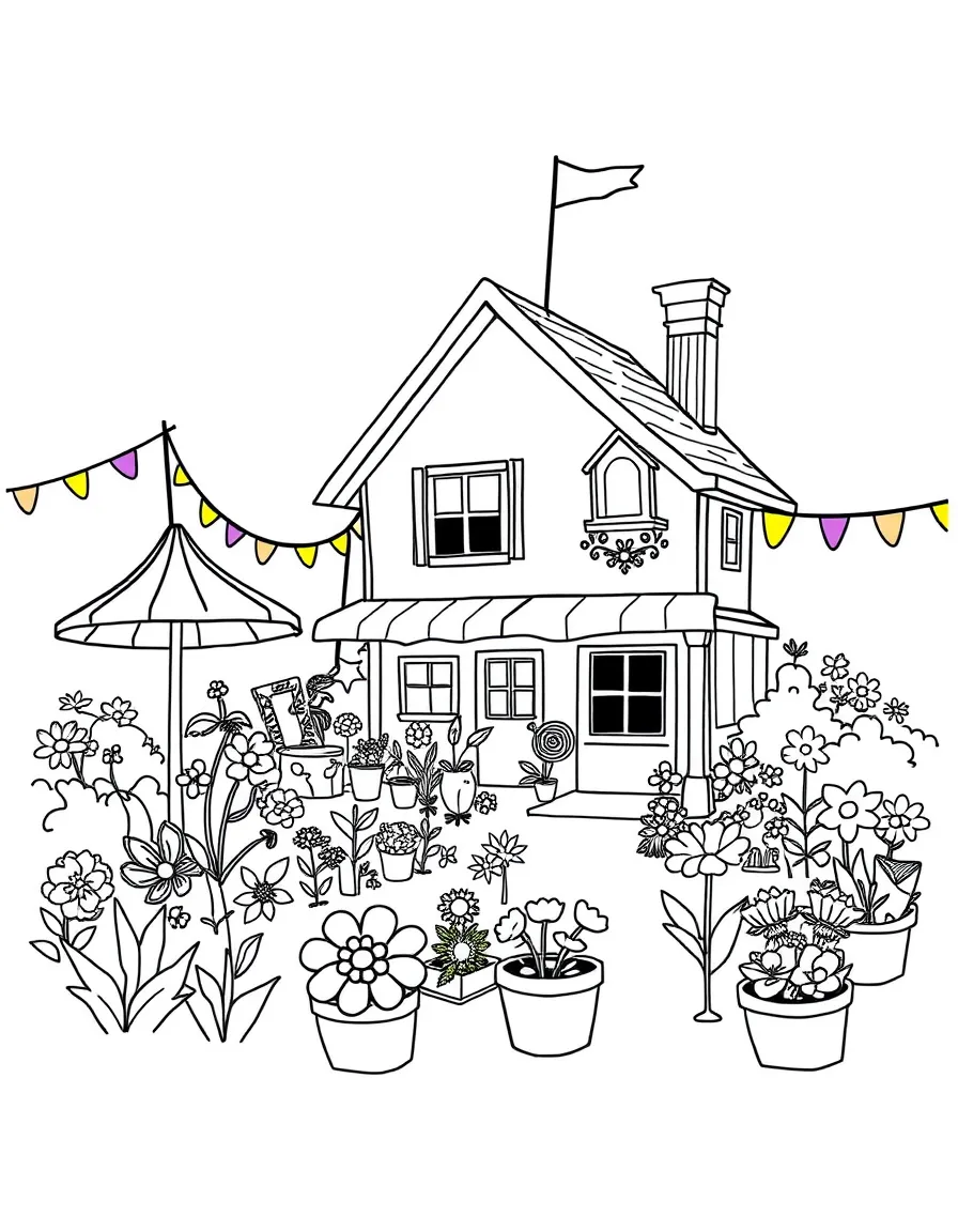 The Loud House gardening, at a carnival with colorful decorations.