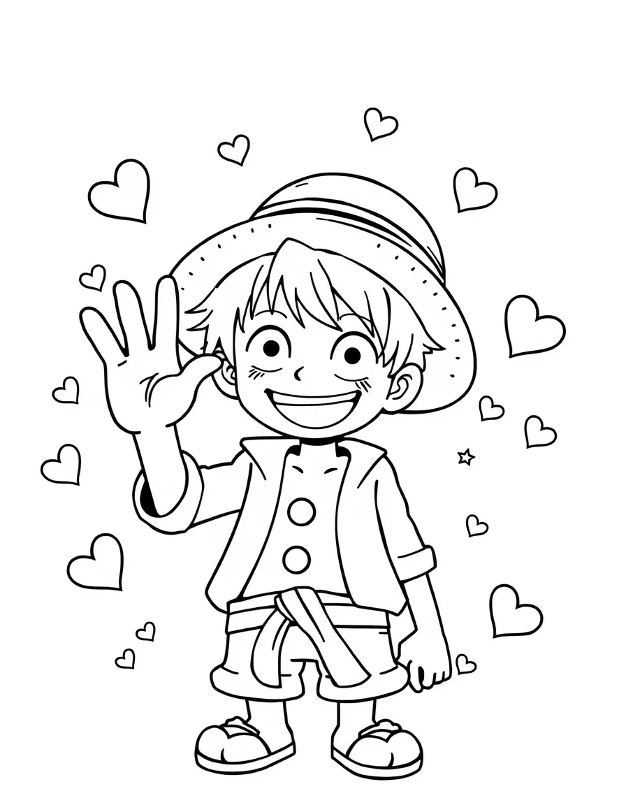 Luffy waving hello, with hearts and sparkles around.