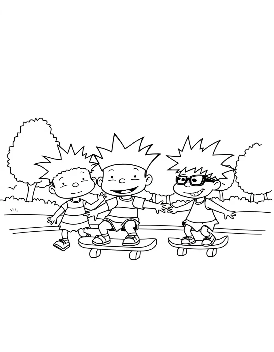 Rugrats skateboarding in the park, with big bold outlines for easy coloring.