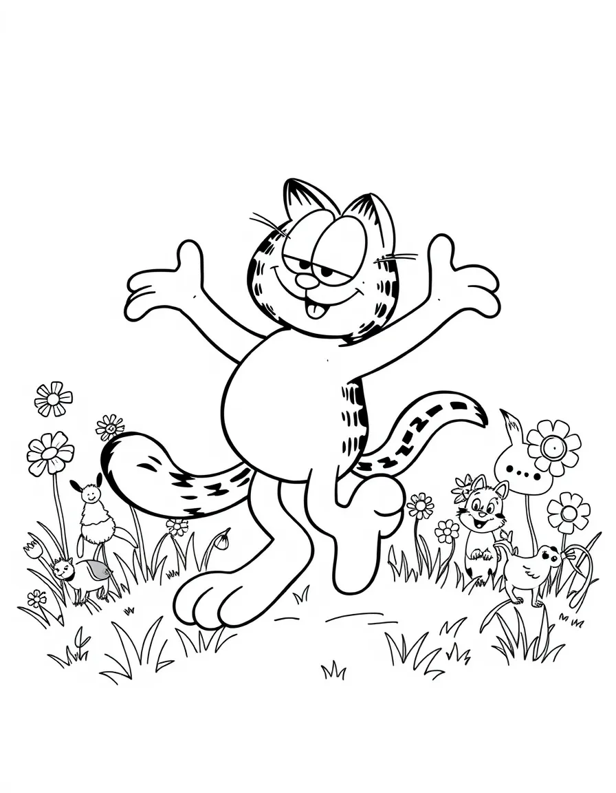 Garfield dancing in a field of flowers, surrounded by friendly animals.