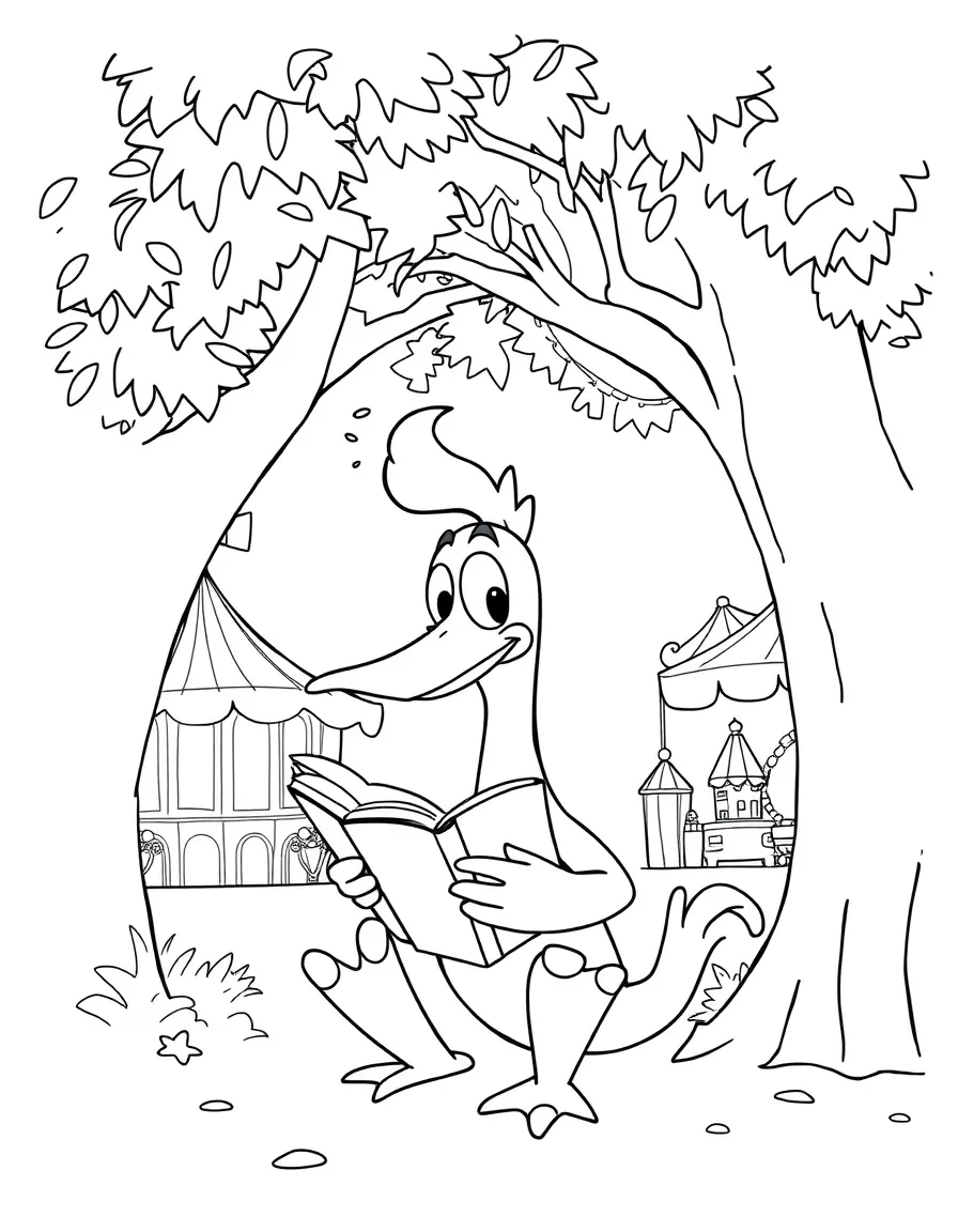 Perry the Platypus reading a book under a tree, at a carnival with colorful decorations.
