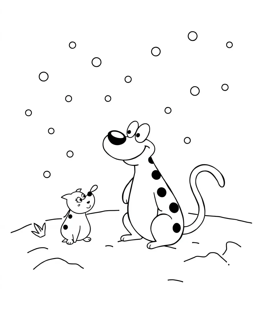 Dexter's Laboratory playing in the snow, with big bold outlines for easy coloring.