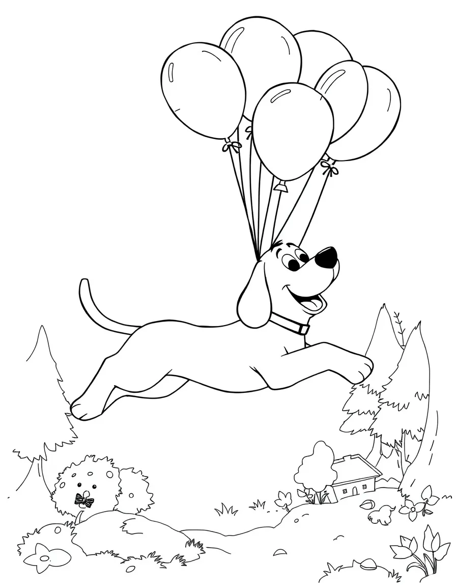 Clifford the Big Red Dog flying with balloons, in a magical forest setting.