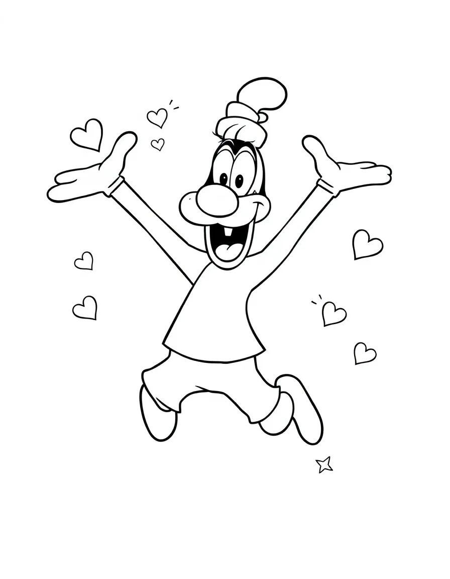 Goofy jumping with joy, with hearts and sparkles around.