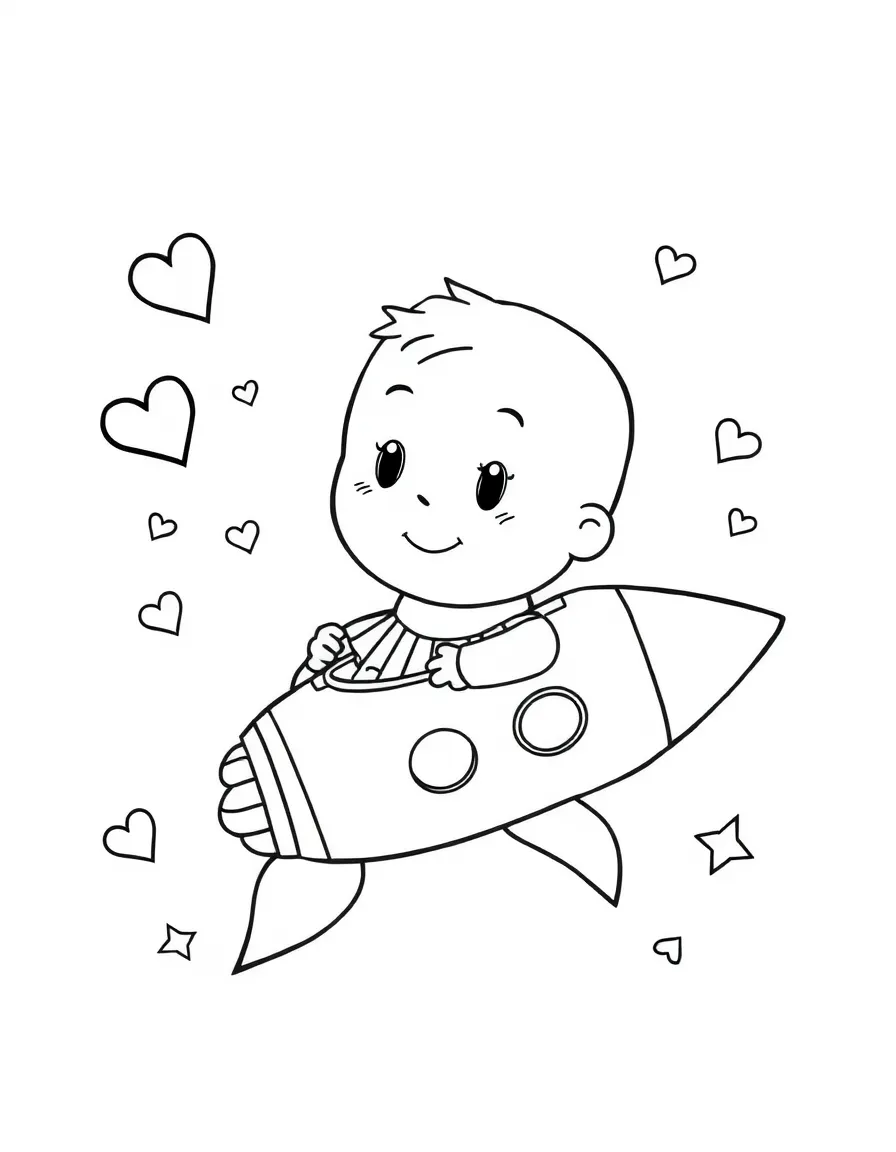 Caillou exploring space in a rocket, with hearts and sparkles around.