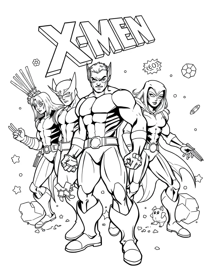 X-Men posing heroically, with fun background elements.