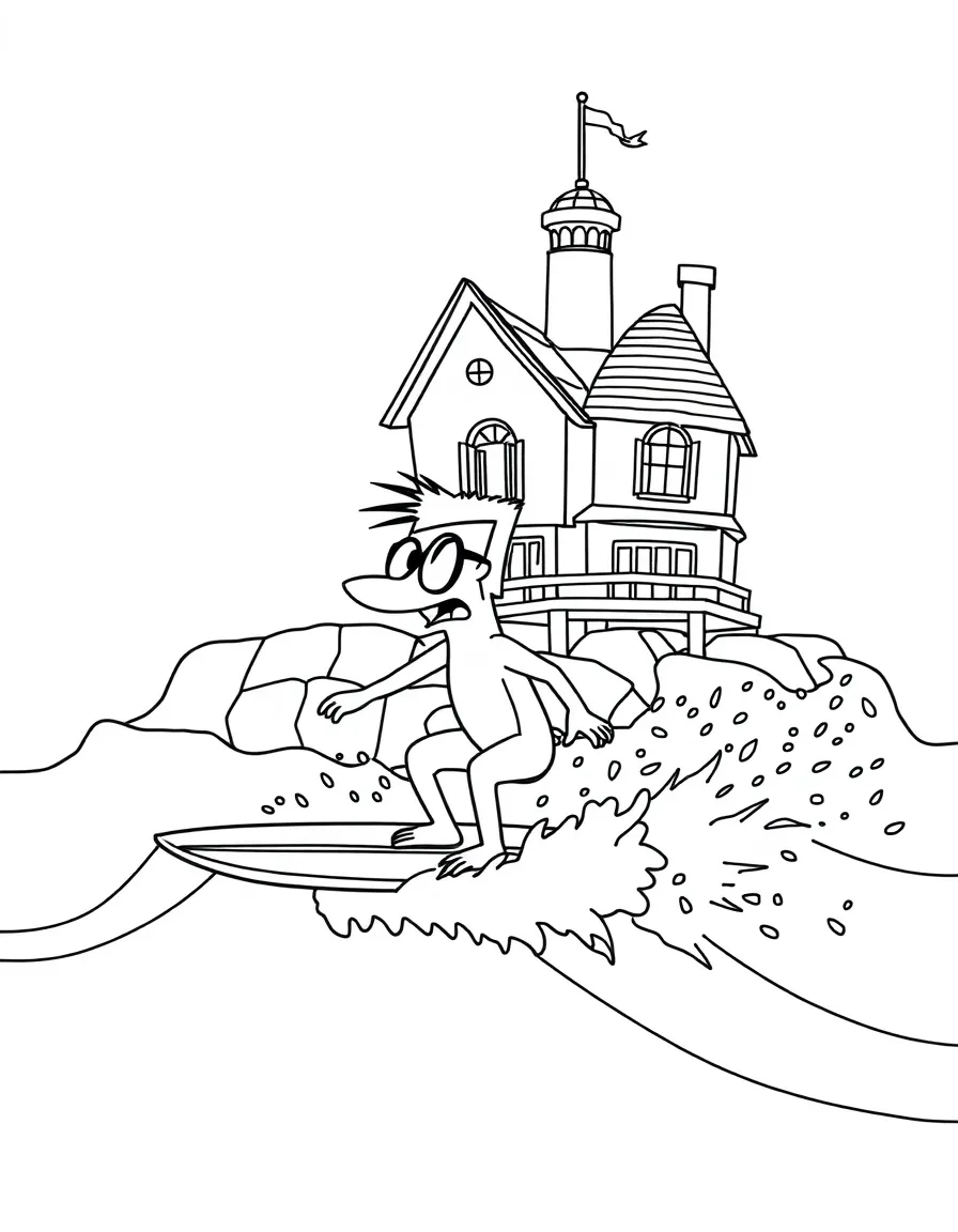 Dexter's Laboratory surfing on waves, in front of their famous house or scene.